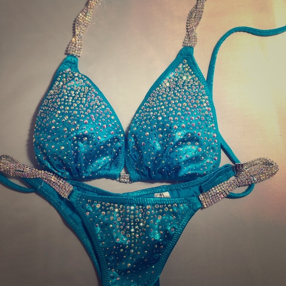 Bikini competition suit turquoise blue rhinestone